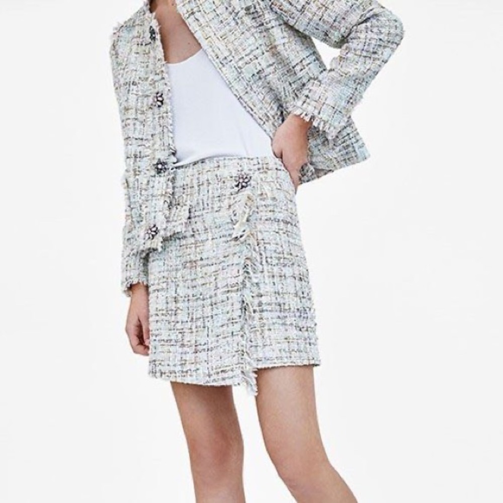 Zara Tweed Jacket and Mini Skirt in Cream and Pink